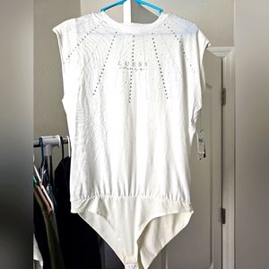 GUESS womens Sleeveless Geliana Bling Logo Bodysuit w Rhinestones
